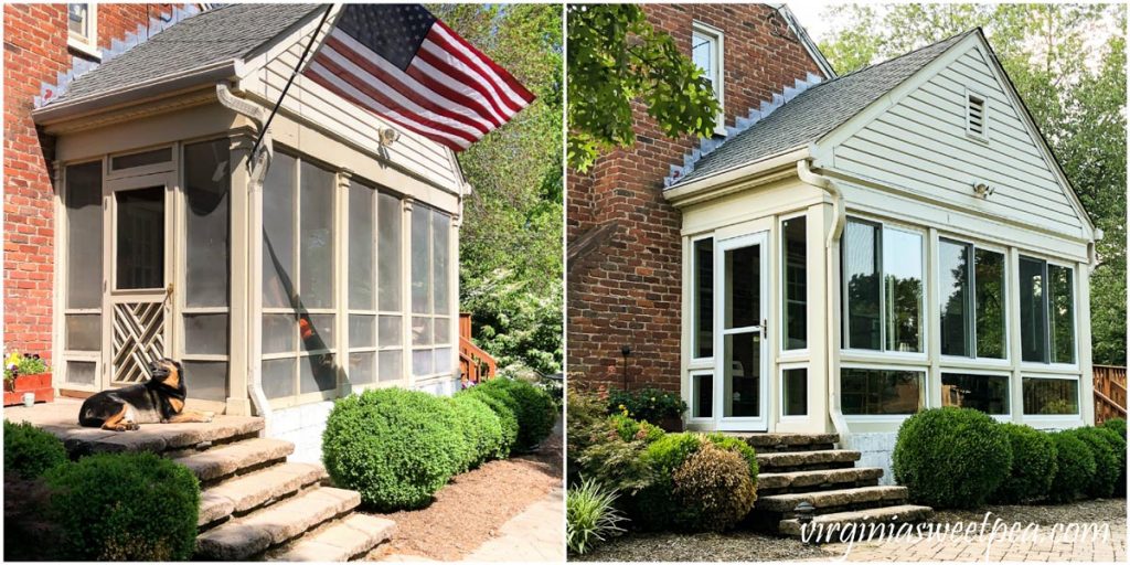 Before and after picture of screend porch converted to a sunroom